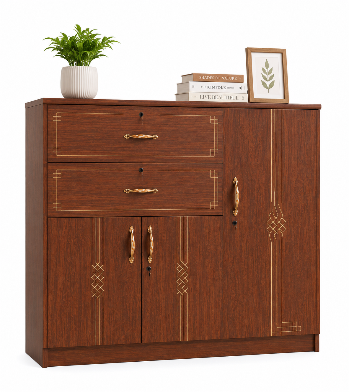 Picture of FurniQ Furniture 3 Door Cupboard, 3 Door Cabinet, Storage Cupboard, Storage Cabinet, Home Storage Cabinet, 2 Drawer Cupboard, Bedroom Cupboard, Multipurpose Storage Cabinet, Melamine Board Cupboard, 47 W × 21 D × 48 H Inches | FurniQ Furniture