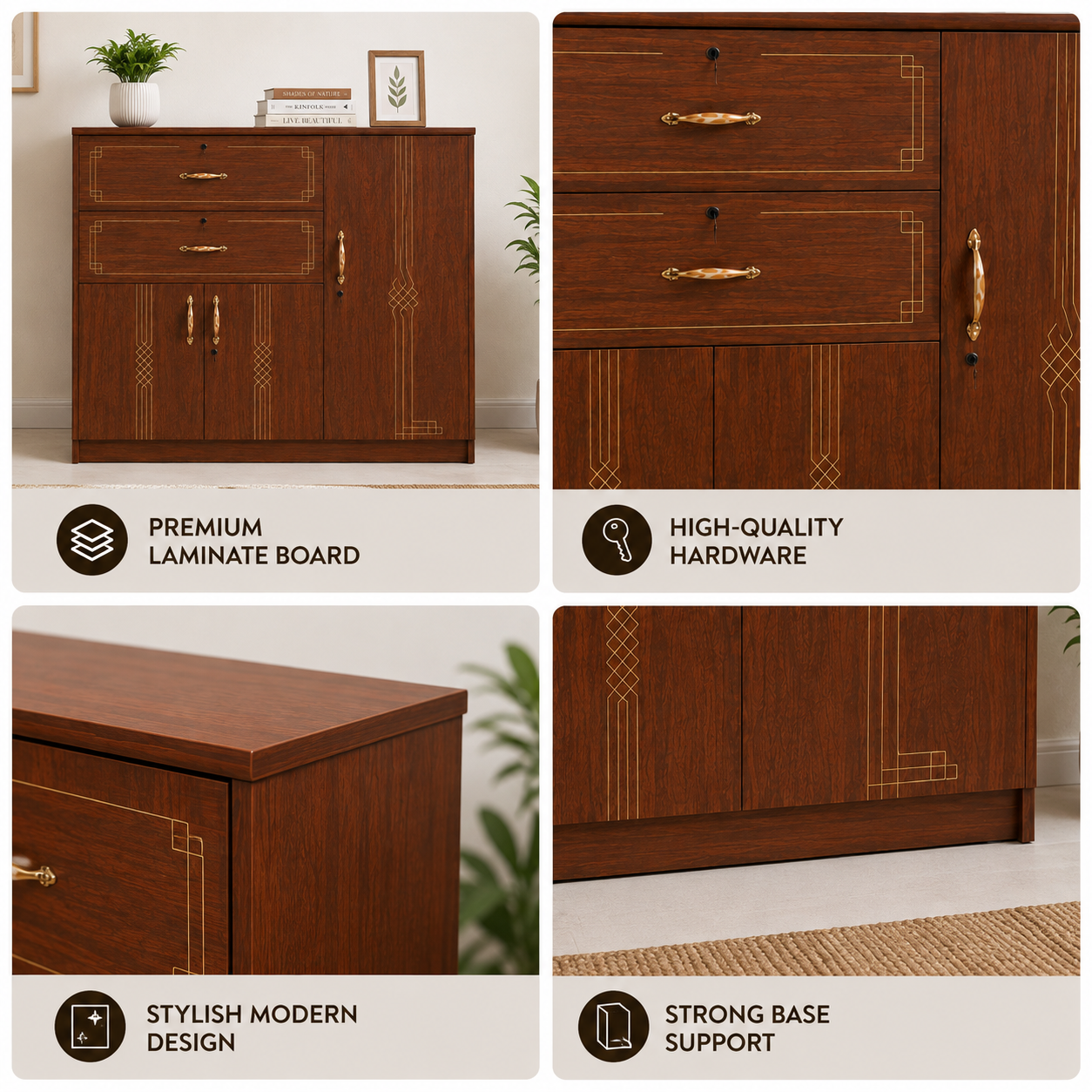 Picture of FurniQ Furniture 3 Door Cupboard, 3 Door Cabinet, Storage Cupboard, Storage Cabinet, Home Storage Cabinet, 2 Drawer Cupboard, Bedroom Cupboard, Multipurpose Storage Cabinet, Melamine Board Cupboard, 47 W × 21 D × 48 H Inches | FurniQ Furniture