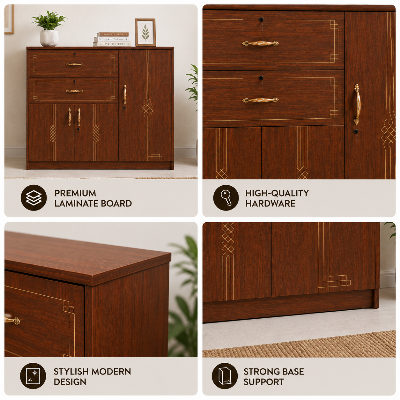 Picture of FurniQ Furniture 3 Door Cupboard, 3 Door Cabinet, Storage Cupboard, Storage Cabinet, Home Storage Cabinet, 2 Drawer Cupboard, Bedroom Cupboard, Multipurpose Storage Cabinet, Melamine Board Cupboard, 47 W × 21 D × 48 H Inches | FurniQ Furniture