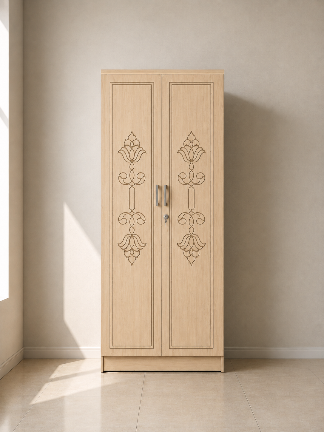 Picture of FurniQ Furniture 2 Door Wardrobe, 2 Door Almirah, Bedroom Wardrobe, Clothes Storage Cabinet, Floral CNC Design Wardrobe, Melamine Board Wardrobe, Modern Wardrobe, 32 W × 21 D × 72 H Inches | FurniQ Furniture