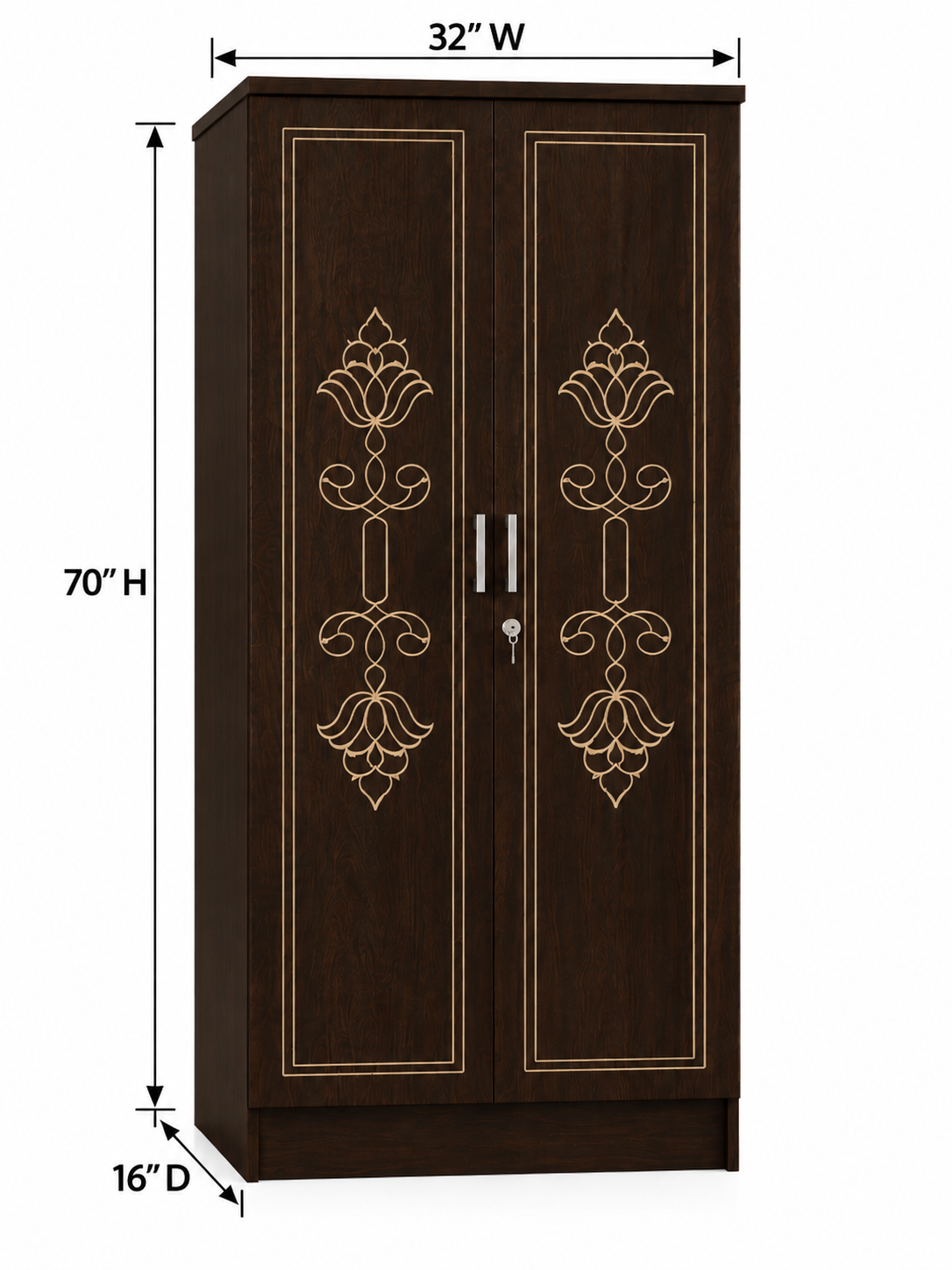 Picture of FurniQ Furniture 2 Door Wardrobe, 2 Door Almirah, Bedroom Wardrobe, Clothes Storage Cabinet, Floral CNC Design Wardrobe, Melamine Board Wardrobe, Modern Wardrobe, 32 W × 21 D × 72 H Inches | FurniQ Furniture