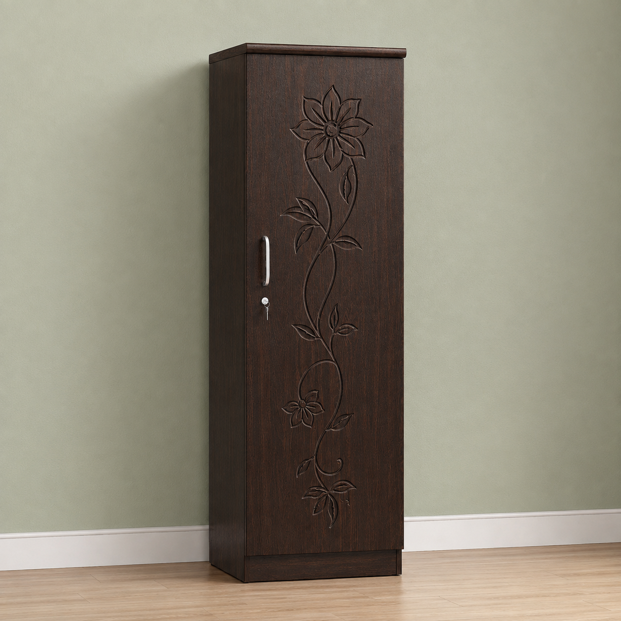 Picture of FurniQ Furniture 1 Door Wardrobe, Single Door Almirah, Bedroom Wardrobe, Clothes Storage Cabinet, Floral Design Wardrobe, Melamine Board Wardrobe, Hanging Wardrobe, 20 W × 20 D × 72 H Inches | FurniQ Furniture