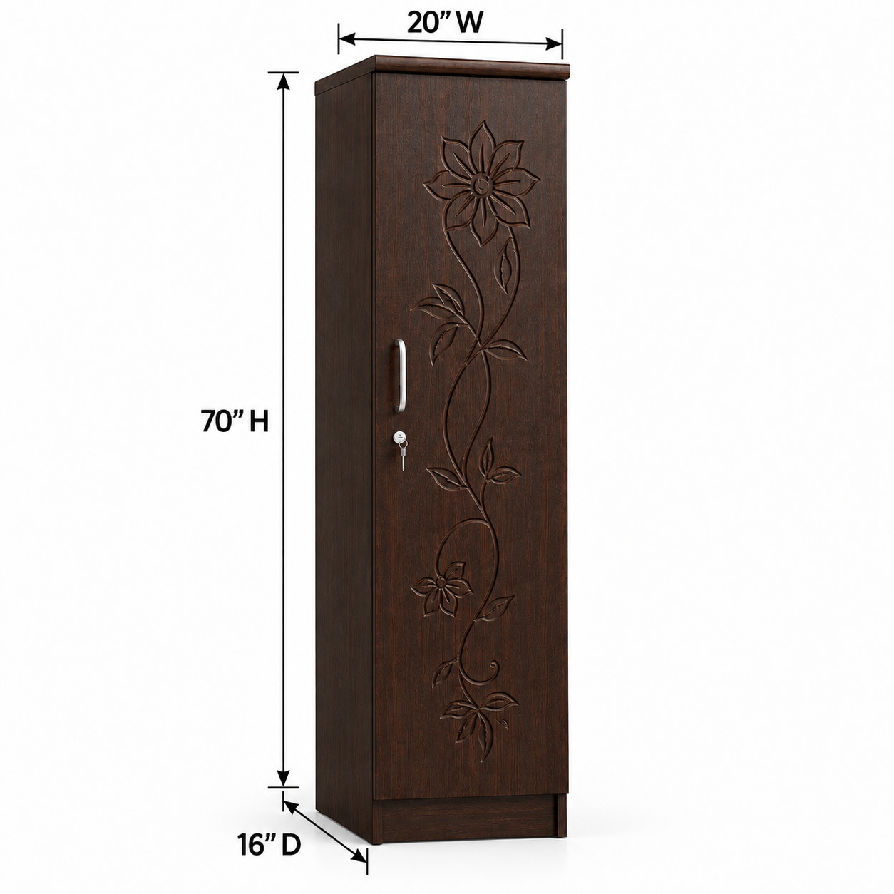 Picture of FurniQ Furniture 1 Door Wardrobe, Single Door Almirah, Bedroom Wardrobe, Clothes Storage Cabinet, Floral Design Wardrobe, Melamine Board Wardrobe, Hanging Wardrobe, 20 W × 20 D × 72 H Inches | FurniQ Furniture