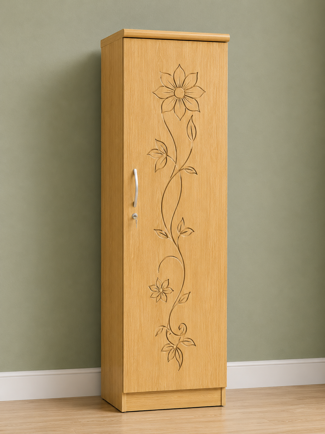 Picture of FurniQ Furniture 1 Door Wardrobe, Single Door Almirah, Bedroom Wardrobe, Clothes Storage Cabinet, Floral Design Wardrobe, Melamine Board Wardrobe, Hanging Wardrobe, 20 W × 20 D × 72 H Inches | FurniQ Furniture