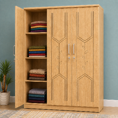 Picture of FurniQ Furniture 3 Door Wardrobe, 3 Door Almirah, Bedroom Wardrobe, Clothes Storage Cabinet, CNC Design Wardrobe, Melamine Board Wardrobe, Hanging Wardrobe, 48 W × 21 D × 72 H Inches | FurniQ Furniture
