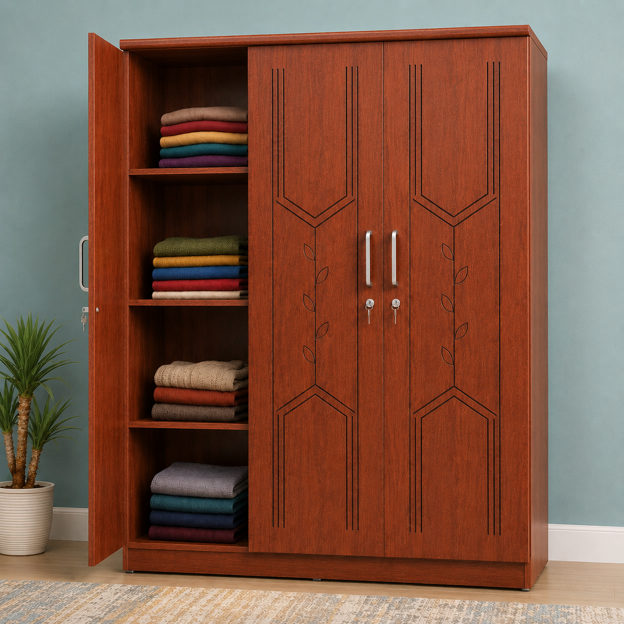 Picture of FurniQ Furniture 3 Door Wardrobe, 3 Door Almirah, Bedroom Wardrobe, Clothes Storage Cabinet, CNC Design Wardrobe, Melamine Board Wardrobe, Hanging Wardrobe, 48 W × 21 D × 72 H Inches | FurniQ Furniture