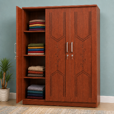 Picture of FurniQ Furniture 3 Door Wardrobe, 3 Door Almirah, Bedroom Wardrobe, Clothes Storage Cabinet, CNC Design Wardrobe, Melamine Board Wardrobe, Hanging Wardrobe, 48 W × 21 D × 72 H Inches | FurniQ Furniture