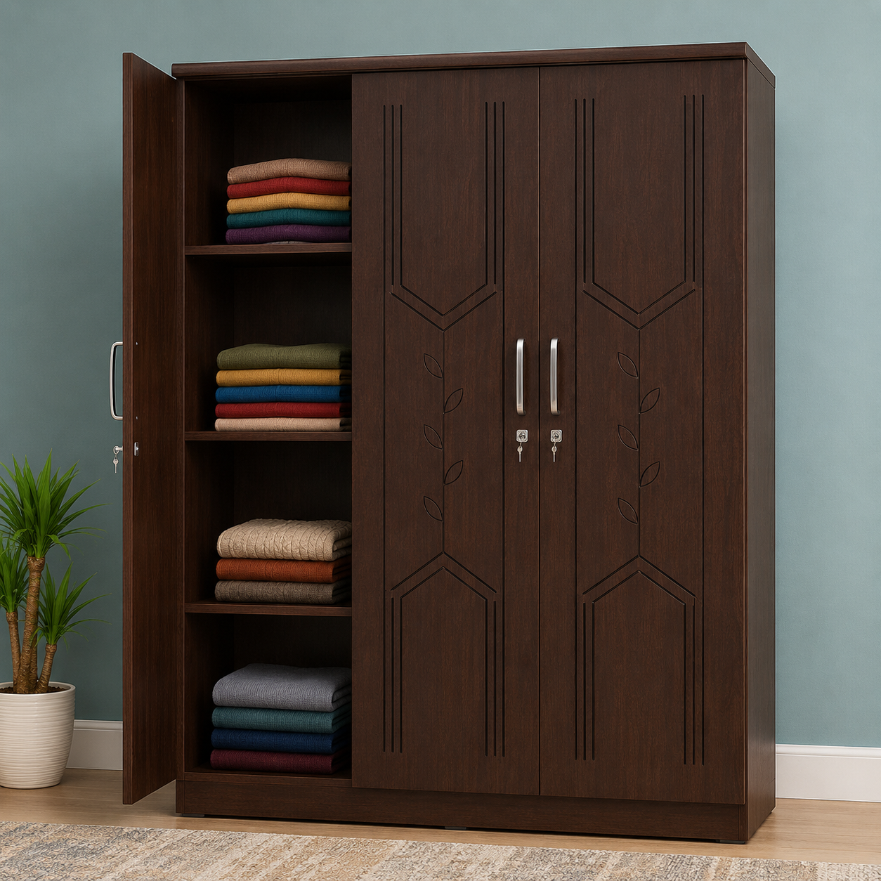 Picture of FurniQ Furniture 3 Door Wardrobe, 3 Door Almirah, Bedroom Wardrobe, Clothes Storage Cabinet, CNC Design Wardrobe, Melamine Board Wardrobe, Hanging Wardrobe, 48 W × 21 D × 72 H Inches | FurniQ Furniture
