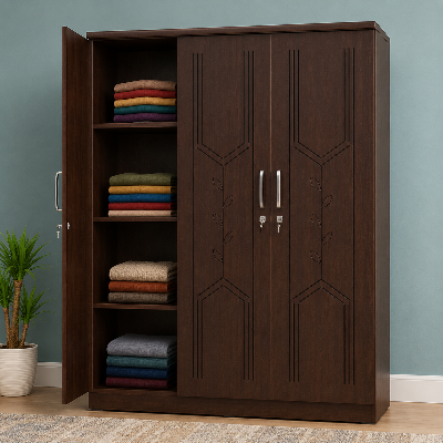 Picture of FurniQ Furniture 3 Door Wardrobe, 3 Door Almirah, Bedroom Wardrobe, Clothes Storage Cabinet, CNC Design Wardrobe, Melamine Board Wardrobe, Hanging Wardrobe, 48 W × 21 D × 72 H Inches | FurniQ Furniture