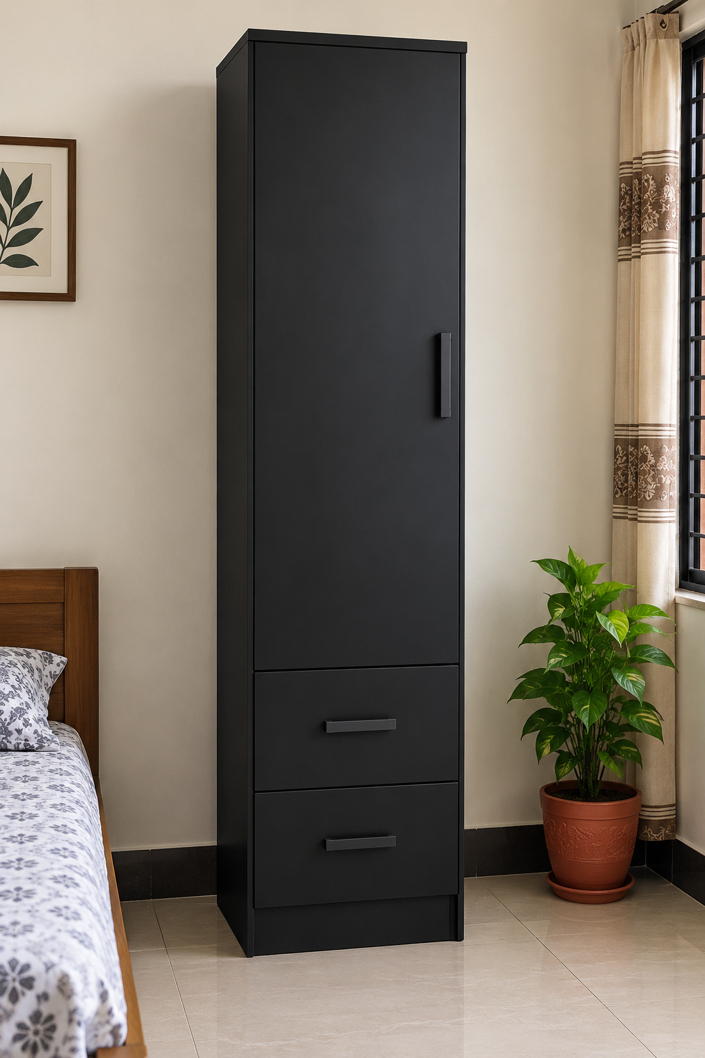 Picture of FurniQ Furniture 1 Door Wardrobe, Single Door Almirah, Bedroom Wardrobe, Clothes Storage Cabinet, 2 Drawer Wardrobe, Melamine Board Wardrobe, Modern Wardrobe Design, 18 W × 16 D × 72 H Inches | FurniQ Furniture