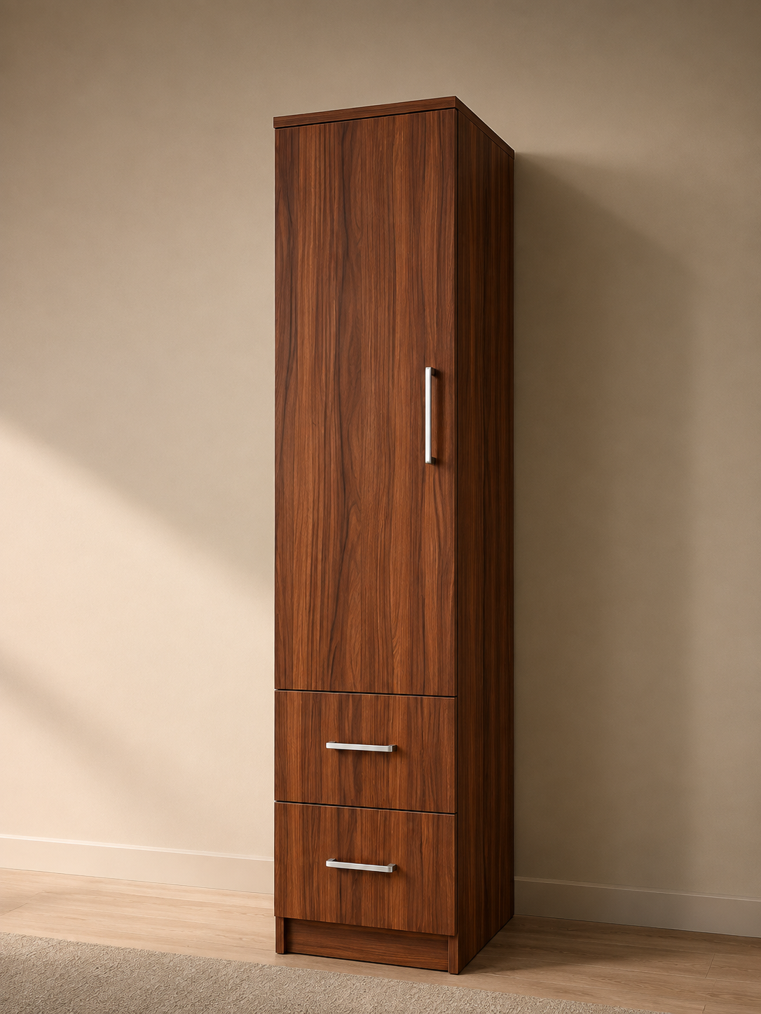 Picture of FurniQ Furniture 1 Door Wardrobe, Single Door Almirah, Bedroom Wardrobe, Clothes Storage Cabinet, 2 Drawer Wardrobe, Melamine Board Wardrobe, Modern Wardrobe Design, 18 W × 16 D × 72 H Inches | FurniQ Furniture