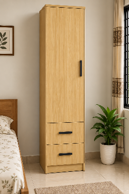 Picture of FurniQ Furniture 1 Door Wardrobe, Single Door Almirah, Bedroom Wardrobe, Clothes Storage Cabinet, 2 Drawer Wardrobe, Melamine Board Wardrobe, Modern Wardrobe Design, 18 W × 16 D × 72 H Inches | FurniQ Furniture