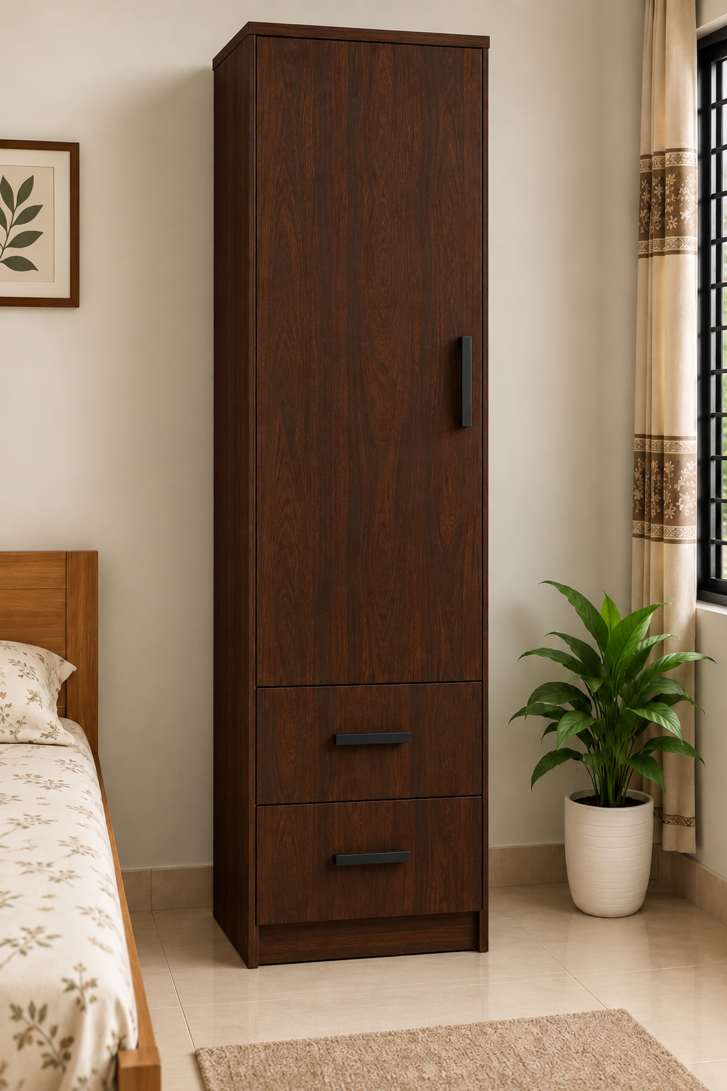 Picture of FurniQ Furniture 1 Door Wardrobe, Single Door Almirah, Bedroom Wardrobe, Clothes Storage Cabinet, 2 Drawer Wardrobe, Melamine Board Wardrobe, Modern Wardrobe Design, 18 W × 16 D × 72 H Inches | FurniQ Furniture