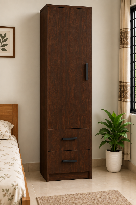 Picture of FurniQ Furniture 1 Door Wardrobe, Single Door Almirah, Bedroom Wardrobe, Clothes Storage Cabinet, 2 Drawer Wardrobe, Melamine Board Wardrobe, Modern Wardrobe Design, 18 W × 16 D × 72 H Inches | FurniQ Furniture