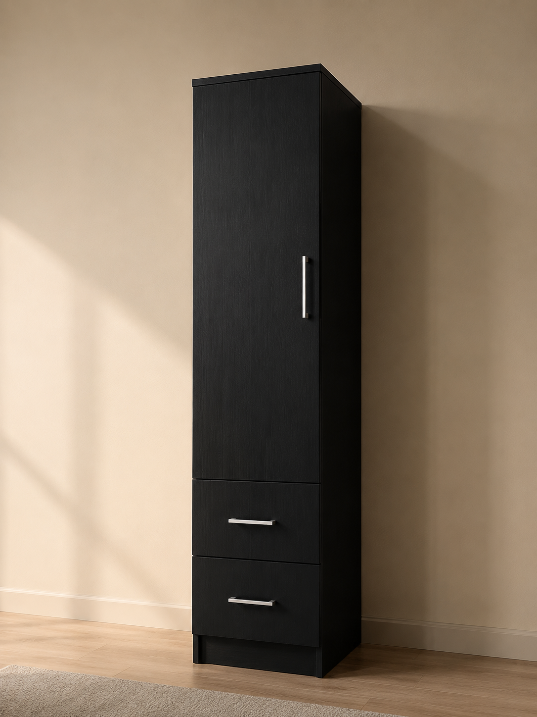 Picture of FurniQ Furniture 1 Door Wardrobe, Single Door Almirah, Bedroom Wardrobe, Clothes Storage Cabinet, 2 Drawer Wardrobe, Melamine Board Wardrobe, Modern Wardrobe Design, 18 W × 16 D × 72 H Inches | FurniQ Furniture