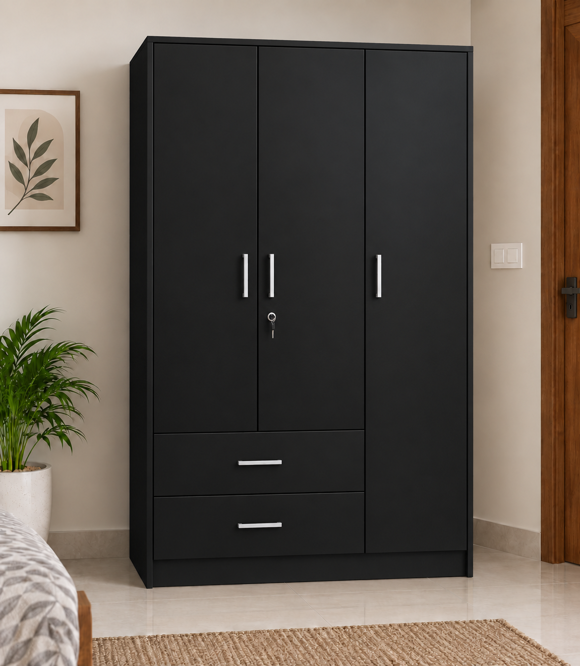 Picture of FurniQ Furniture 3 Door Wardrobe, 3 Door Almirah, Bedroom Wardrobe, Clothes Storage Cabinet, 2 Drawer Wardrobe, Melamine Board Wardrobe, Modern Wardrobe Design, 48 W × 16 D × 72 H Inches | FurniQ Furniture