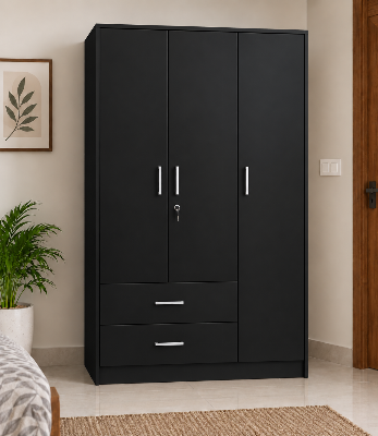 Picture of FurniQ Furniture 3 Door Wardrobe, 3 Door Almirah, Bedroom Wardrobe, Clothes Storage Cabinet, 2 Drawer Wardrobe, Melamine Board Wardrobe, Modern Wardrobe Design, 48 W × 16 D × 72 H Inches | FurniQ Furniture