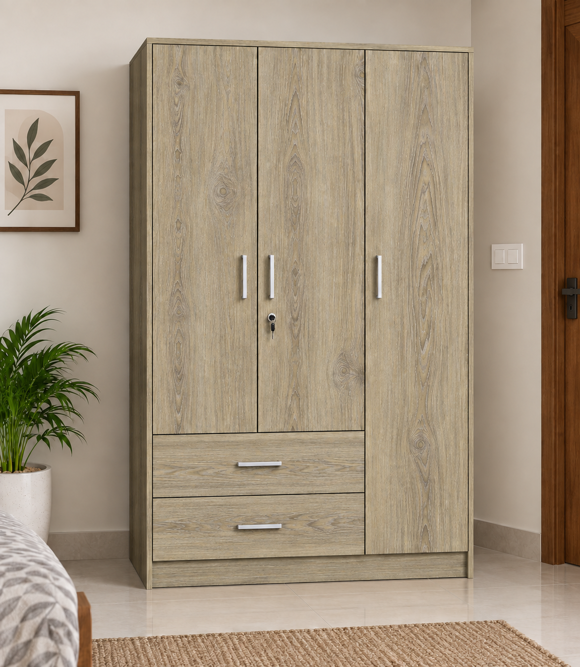 Picture of FurniQ Furniture 3 Door Wardrobe, 3 Door Almirah, Bedroom Wardrobe, Clothes Storage Cabinet, 2 Drawer Wardrobe, Melamine Board Wardrobe, Modern Wardrobe Design, 48 W × 16 D × 72 H Inches | FurniQ Furniture