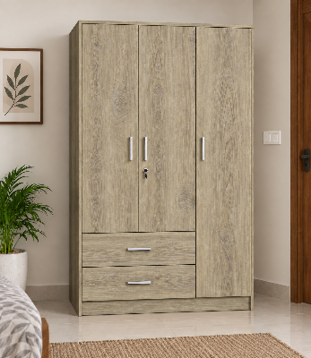 Picture of FurniQ Furniture 3 Door Wardrobe, 3 Door Almirah, Bedroom Wardrobe, Clothes Storage Cabinet, 2 Drawer Wardrobe, Melamine Board Wardrobe, Modern Wardrobe Design, 48 W × 16 D × 72 H Inches | FurniQ Furniture