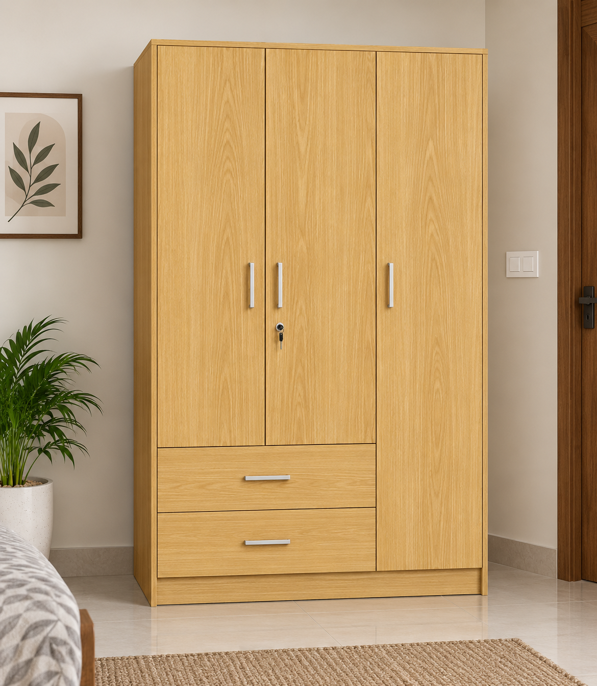 Picture of FurniQ Furniture 3 Door Wardrobe, 3 Door Almirah, Bedroom Wardrobe, Clothes Storage Cabinet, 2 Drawer Wardrobe, Melamine Board Wardrobe, Modern Wardrobe Design, 48 W × 16 D × 72 H Inches | FurniQ Furniture