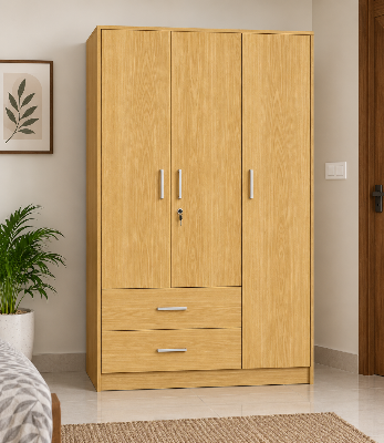 Picture of FurniQ Furniture 3 Door Wardrobe, 3 Door Almirah, Bedroom Wardrobe, Clothes Storage Cabinet, 2 Drawer Wardrobe, Melamine Board Wardrobe, Modern Wardrobe Design, 48 W × 16 D × 72 H Inches | FurniQ Furniture