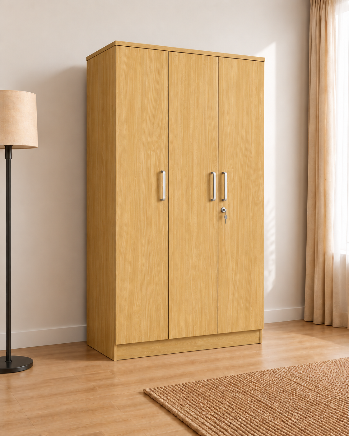 Picture of FurniQ Furniture 3 Door Wardrobe, 3 Door Almirah, Bedroom Wardrobe, Clothes Storage Cabinet, 3 Door Cupboard, Hanging Wardrobe, Melamine Board Wardrobe, 18 W × 14 D × 70 H Inches | FurniQ Furniture
