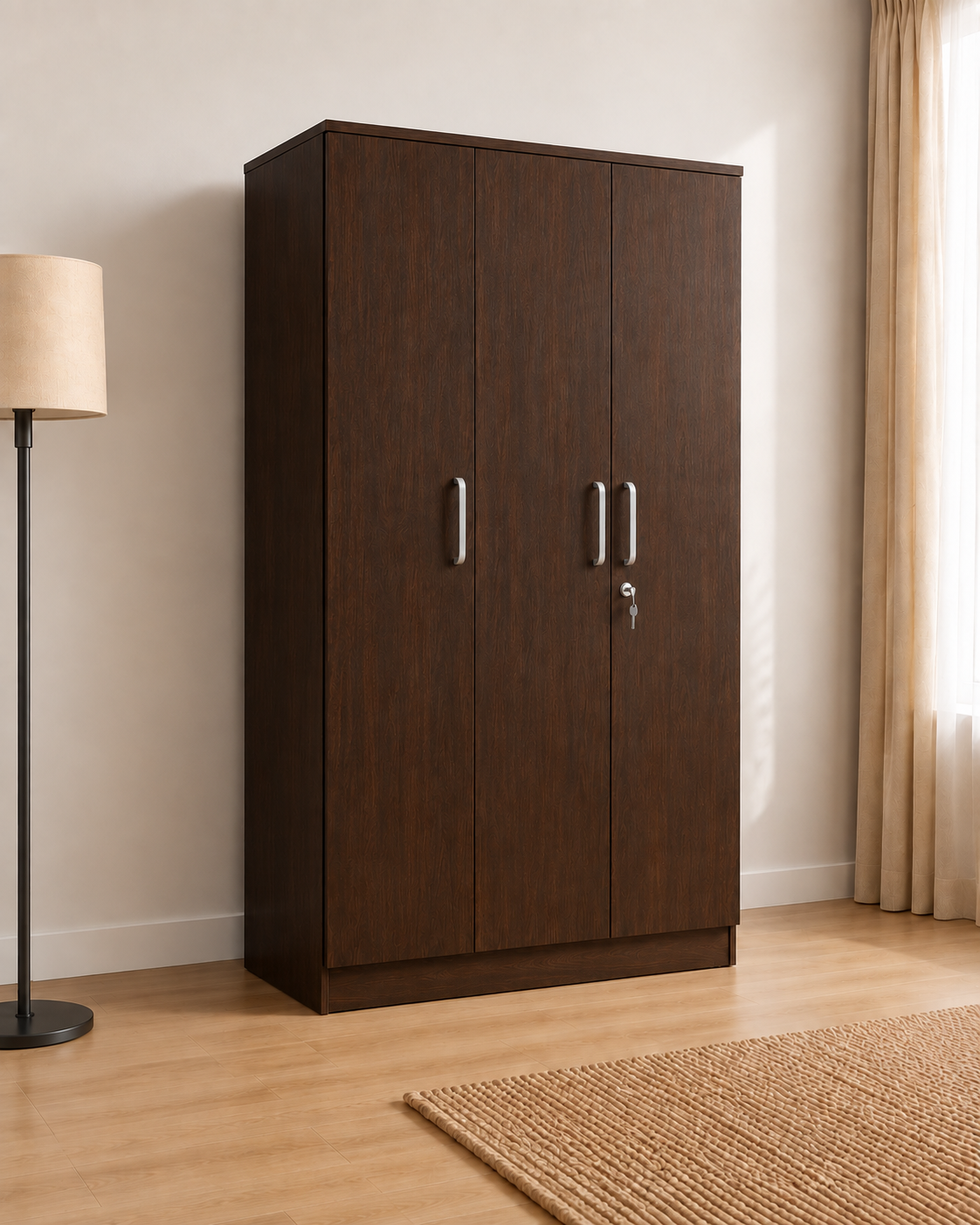 Picture of FurniQ Furniture 3 Door Wardrobe, 3 Door Almirah, Bedroom Wardrobe, Clothes Storage Cabinet, 3 Door Cupboard, Hanging Wardrobe, Melamine Board Wardrobe, 18 W × 14 D × 70 H Inches | FurniQ Furniture