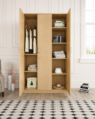 Picture of FurniQ Furniture 3 Door Wardrobe, 3 Door Almirah, Bedroom Wardrobe, Clothes Storage Cabinet, 3 Door Cupboard, Hanging Wardrobe, Melamine Board Wardrobe, 54 W × 16 D × 48 H Inches | FurniQ Furniture
