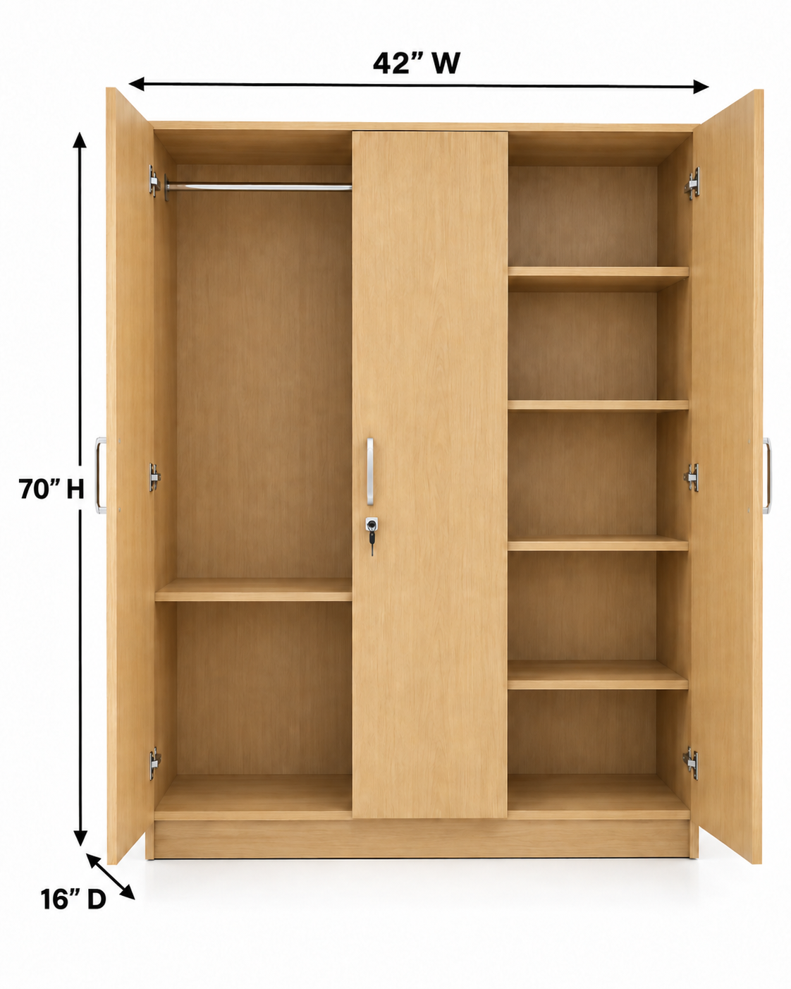 Picture of FurniQ Furniture 3 Door Wardrobe, 3 Door Almirah, Bedroom Wardrobe, Clothes Storage Cabinet, 3 Door Cupboard, Hanging Wardrobe, Melamine Board Wardrobe, 54 W × 16 D × 48 H Inches | FurniQ Furniture