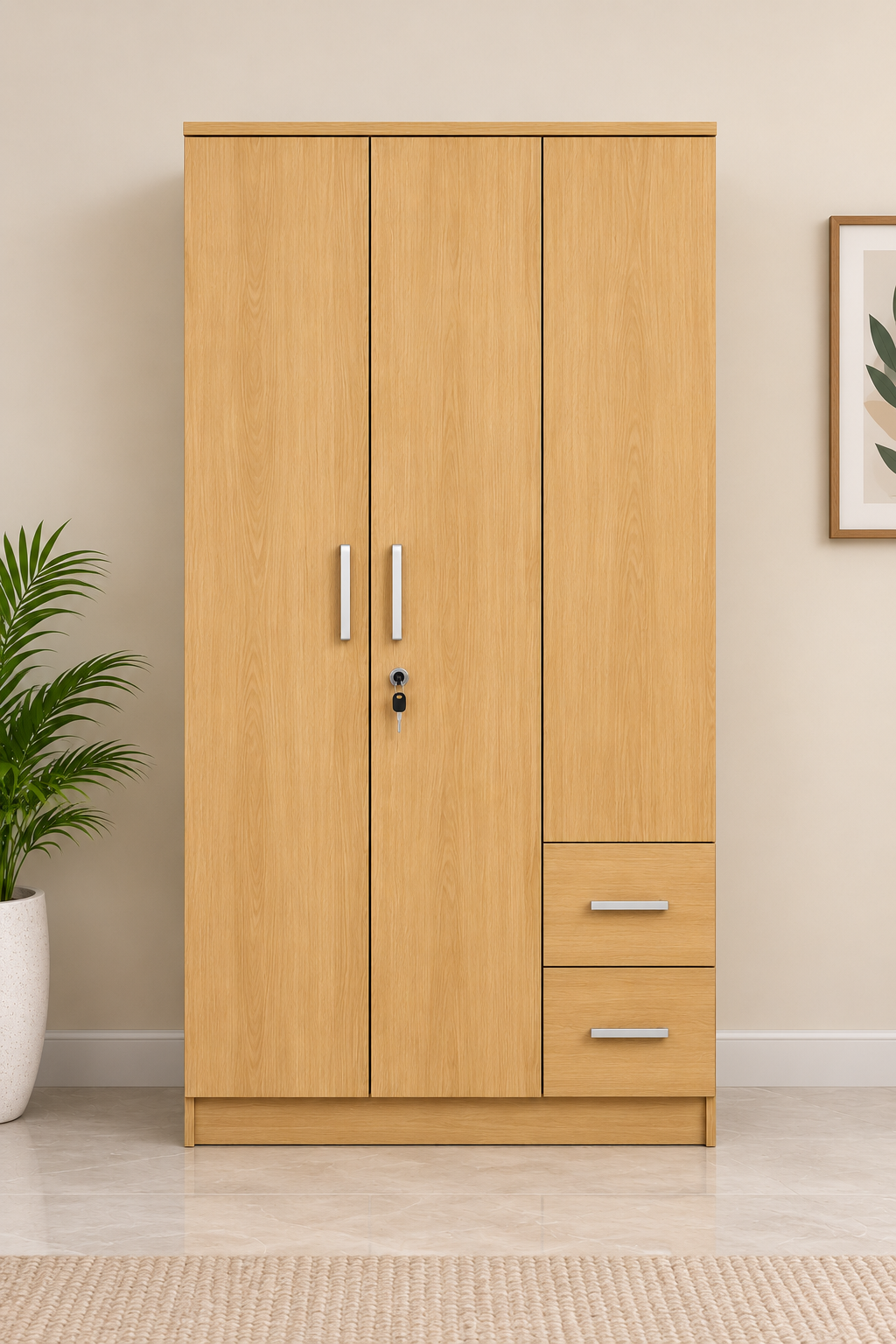 Picture of FurniQ Furniture 3 Door Wardrobe, 3 Door Almirah, Bedroom Wardrobe, Clothes Storage Cabinet, 2 Drawer Wardrobe, Melamine Board Wardrobe, Modern Wardrobe Design, 30 W × 19 D × 70 H Inches | FurniQ Furniture
