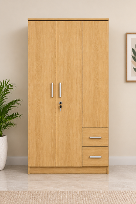 Picture of FurniQ Furniture 3 Door Wardrobe, 3 Door Almirah, Bedroom Wardrobe, Clothes Storage Cabinet, 2 Drawer Wardrobe, Melamine Board Wardrobe, Modern Wardrobe Design, 30 W × 19 D × 70 H Inches | FurniQ Furniture