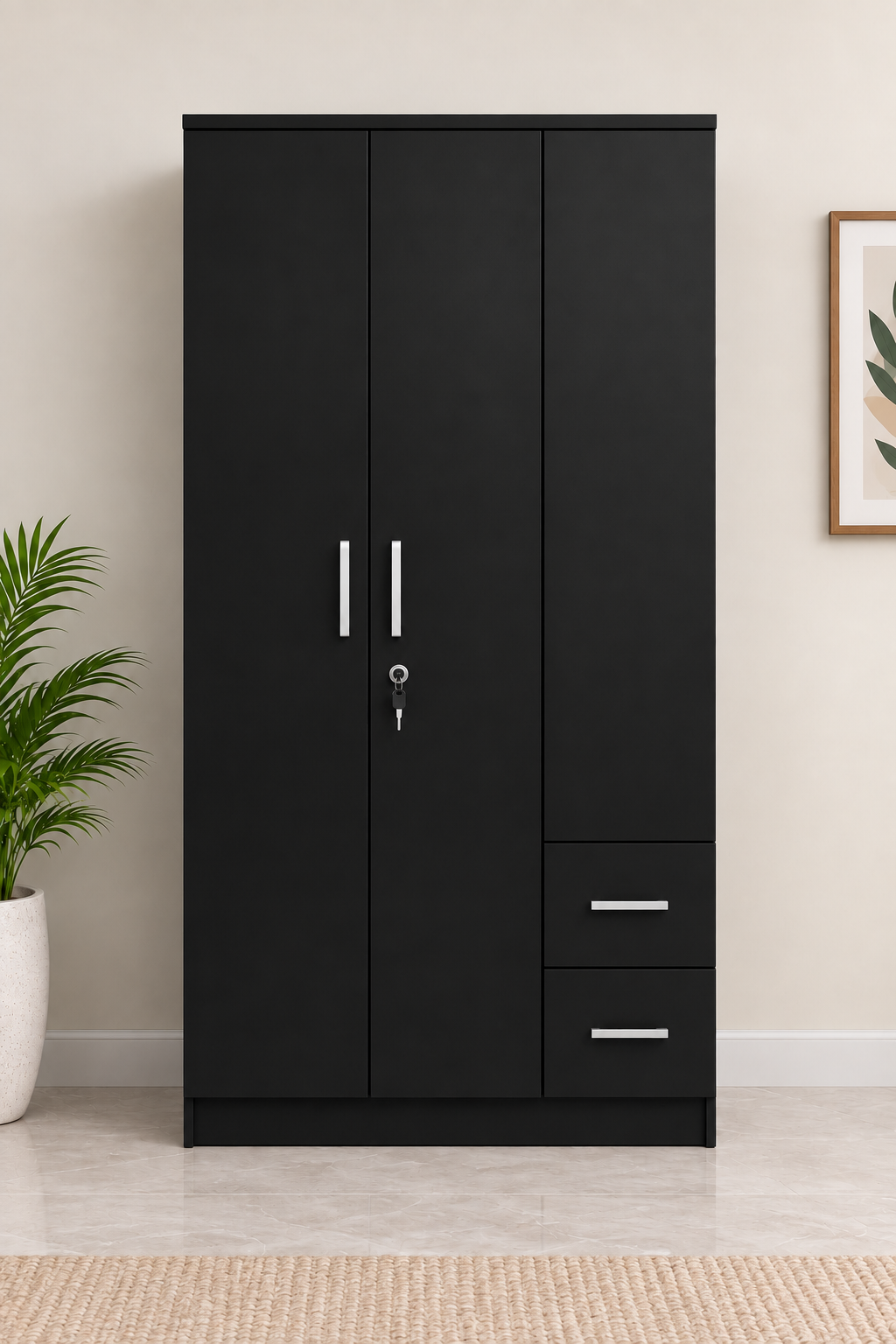 Picture of FurniQ Furniture 3 Door Wardrobe, 3 Door Almirah, Bedroom Wardrobe, Clothes Storage Cabinet, 2 Drawer Wardrobe, Melamine Board Wardrobe, Modern Wardrobe Design, 30 W × 19 D × 70 H Inches | FurniQ Furniture
