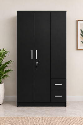 Picture of FurniQ Furniture 3 Door Wardrobe, 3 Door Almirah, Bedroom Wardrobe, Clothes Storage Cabinet, 2 Drawer Wardrobe, Melamine Board Wardrobe, Modern Wardrobe Design, 30 W × 19 D × 70 H Inches | FurniQ Furniture