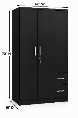 Picture of FurniQ Furniture 3 Door Wardrobe, 3 Door Almirah, Bedroom Wardrobe, Clothes Storage Cabinet, 2 Drawer Wardrobe, Melamine Board Wardrobe, Modern Wardrobe Design, 30 W × 19 D × 70 H Inches | FurniQ Furniture