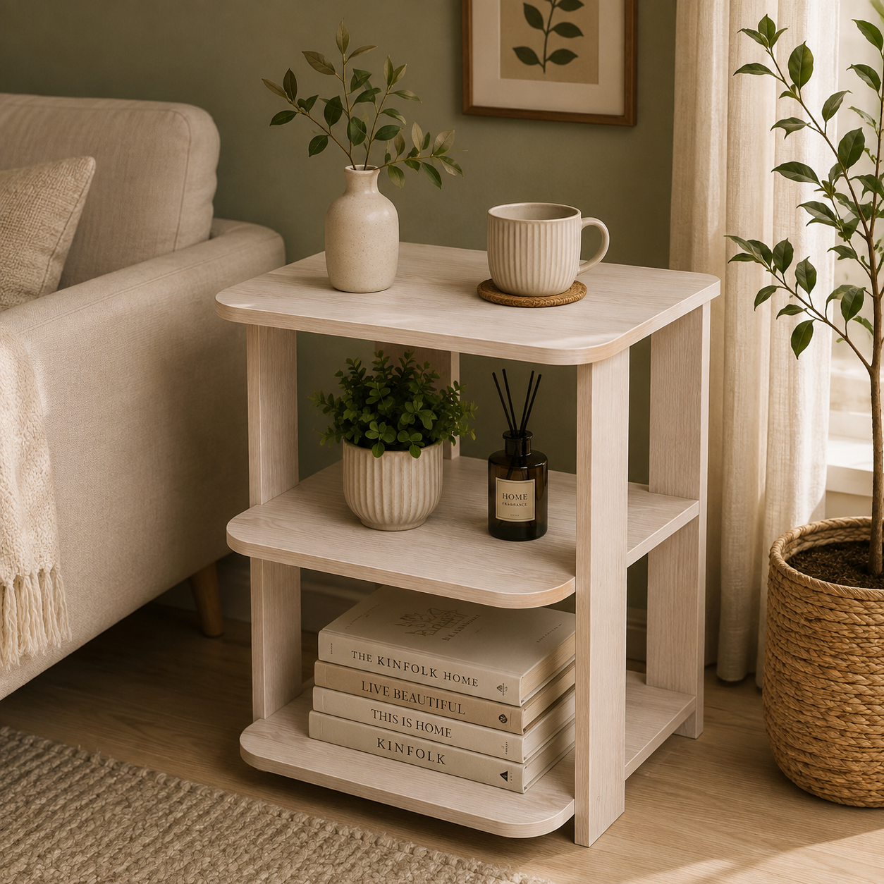 Picture of FurniQ Furniture Side Table, End Table, Bedside Table, 3 Tier Side Table, 3 Shelf Storage Table, Living Room Side Table, Bedroom Table, Melamine Board Furniture, 12 W × 16 D × 20 H Inches | FurniQ Furniture