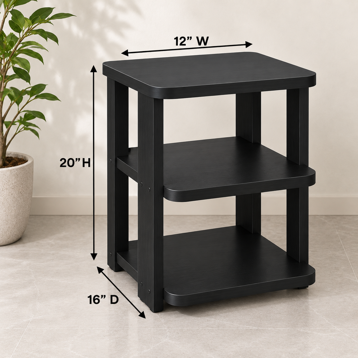 Picture of FurniQ Furniture Side Table, End Table, Bedside Table, 3 Tier Side Table, 3 Shelf Storage Table, Living Room Side Table, Bedroom Table, Melamine Board Furniture, 12 W × 16 D × 20 H Inches | FurniQ Furniture