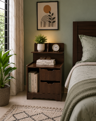 Picture of FurniQ Furniture Bedside Table, Bedside Cabinet, Nightstand, 2 Drawer Bedside Table, Bedroom Side Table, Storage Cabinet, Open Shelf Table, Melamine Board Furniture, 16 W × 12 D × 30 H Inches | FurniQ Furniture