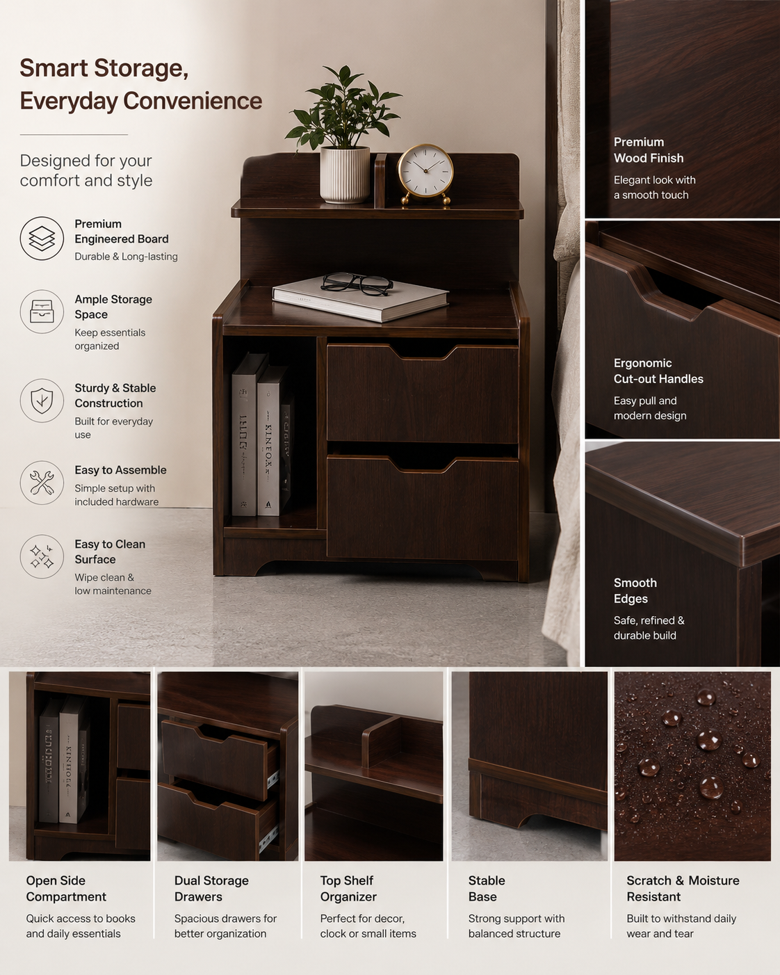 Picture of FurniQ Furniture Bedside Table, Bedside Cabinet, Nightstand, 2 Drawer Bedside Table, Bedroom Side Table, Storage Cabinet, Open Shelf Table, Melamine Board Furniture, 16 W × 12 D × 30 H Inches | FurniQ Furniture
