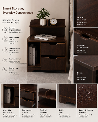Picture of FurniQ Furniture Bedside Table, Bedside Cabinet, Nightstand, 2 Drawer Bedside Table, Bedroom Side Table, Storage Cabinet, Open Shelf Table, Melamine Board Furniture, 16 W × 12 D × 30 H Inches | FurniQ Furniture