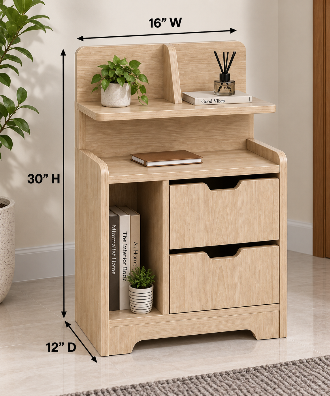 Picture of FurniQ Furniture Bedside Table, Bedside Cabinet, Nightstand, 2 Drawer Bedside Table, Bedroom Side Table, Storage Cabinet, Open Shelf Table, Melamine Board Furniture, 16 W × 12 D × 30 H Inches | FurniQ Furniture