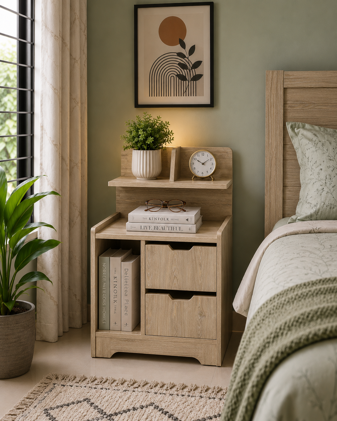 Picture of FurniQ Furniture Bedside Table, Bedside Cabinet, Nightstand, 2 Drawer Bedside Table, Bedroom Side Table, Storage Cabinet, Open Shelf Table, Melamine Board Furniture, 16 W × 12 D × 30 H Inches | FurniQ Furniture