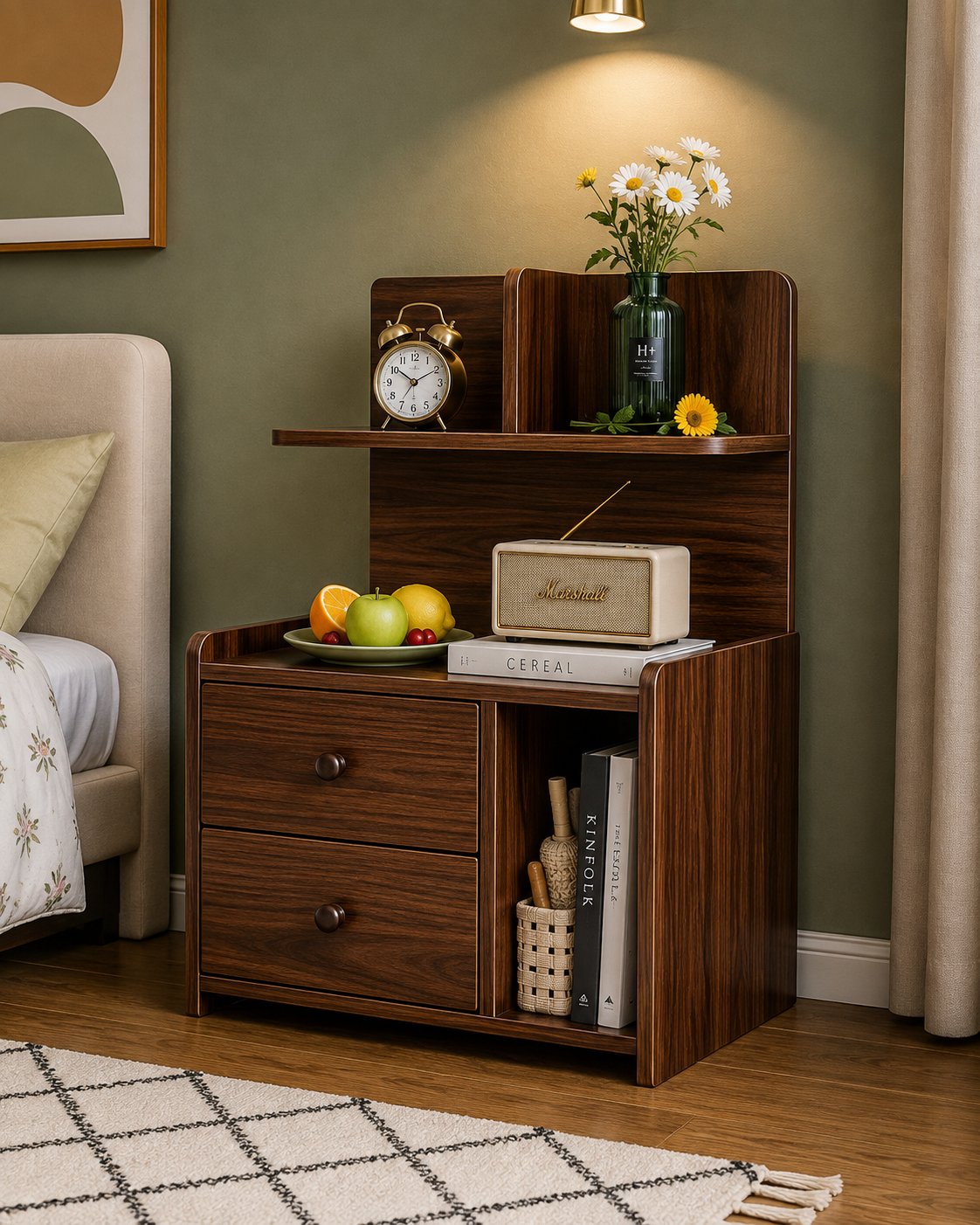Picture of FurniQ Furniture Bedside Table, Bedside Cabinet, Nightstand, 2 Drawer Side Table, Bedroom Side Table, Open Shelf Storage Table, 2 Drawer Storage Cabinet, Melamine Board Furniture, 20 W × 12 D × 30 H Inches | FurniQ Furniture