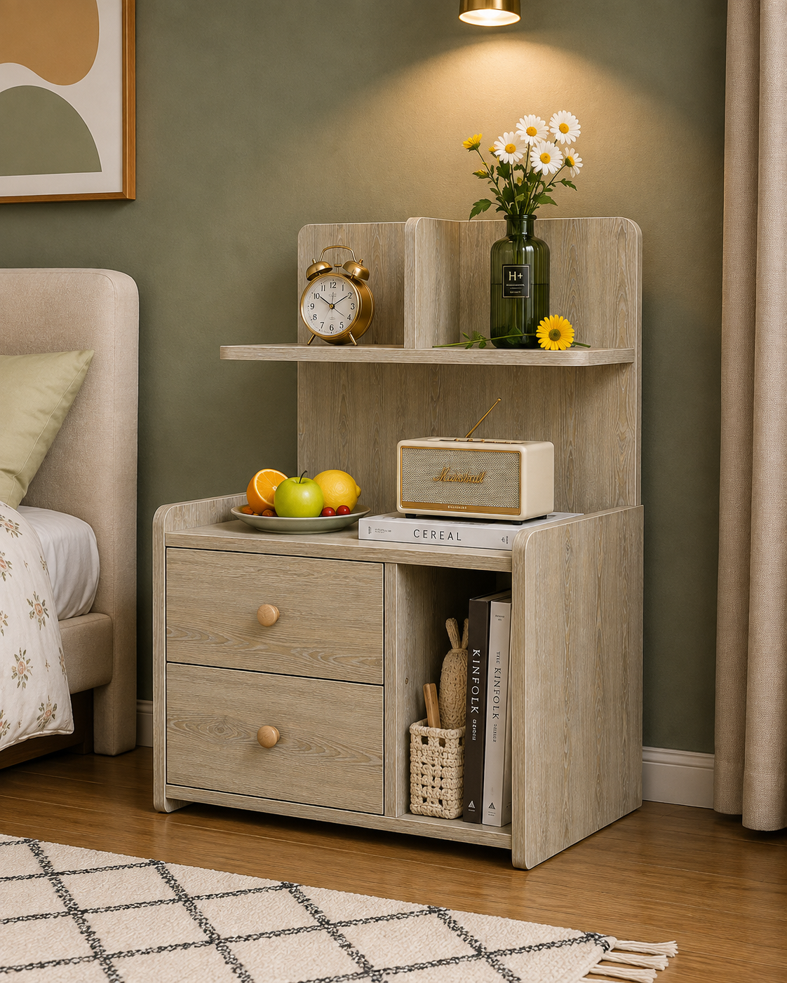 Picture of FurniQ Furniture Bedside Table, Bedside Cabinet, Nightstand, 2 Drawer Side Table, Bedroom Side Table, Open Shelf Storage Table, 2 Drawer Storage Cabinet, Melamine Board Furniture, 20 W × 12 D × 30 H Inches | FurniQ Furniture