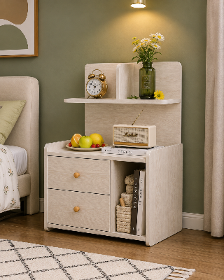 Picture of FurniQ Furniture Bedside Table, Bedside Cabinet, Nightstand, 2 Drawer Side Table, Bedroom Side Table, Open Shelf Storage Table, 2 Drawer Storage Cabinet, Melamine Board Furniture, 20 W × 12 D × 30 H Inches | FurniQ Furniture