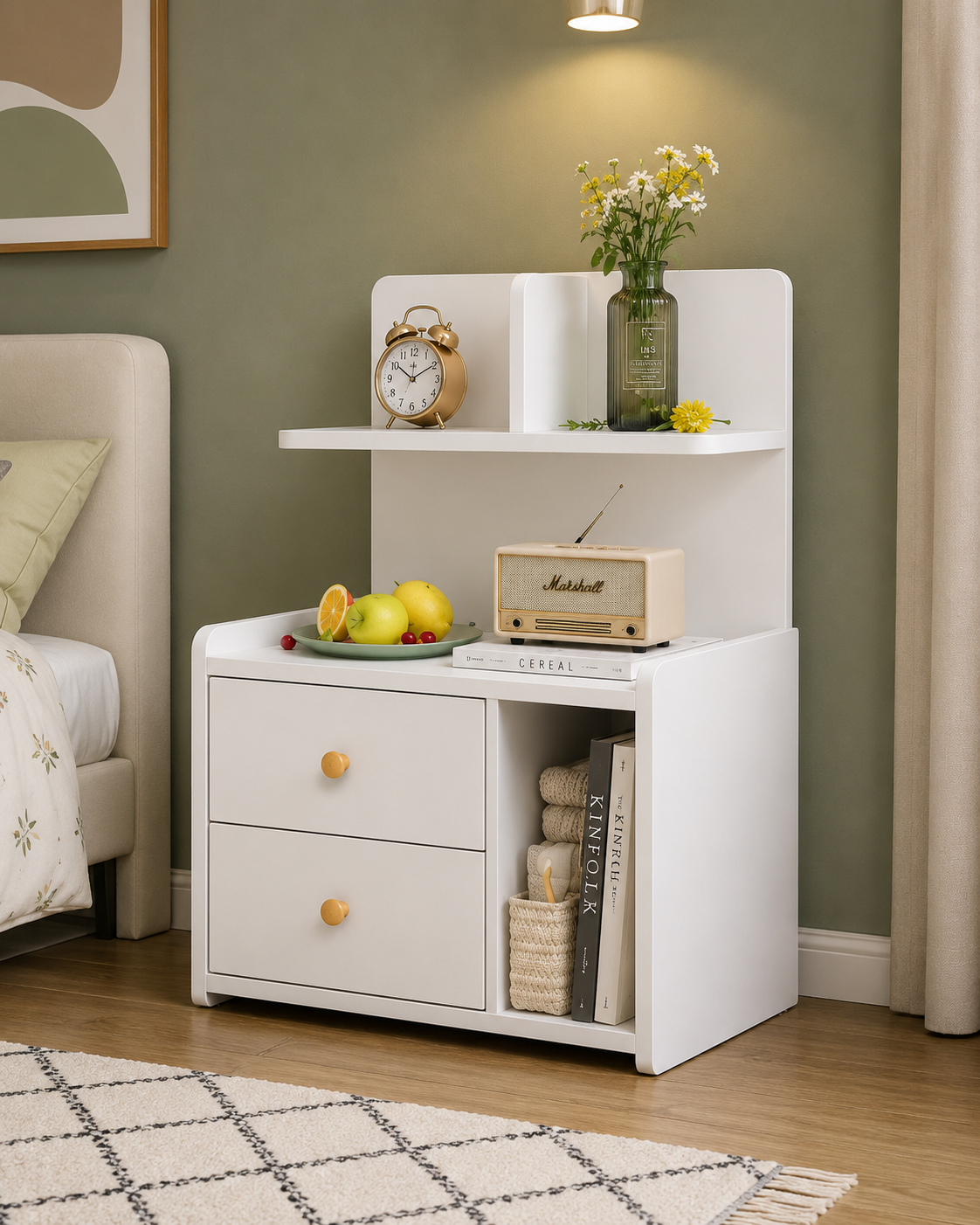 Picture of FurniQ Furniture Bedside Table, Bedside Cabinet, Nightstand, 2 Drawer Side Table, Bedroom Side Table, Open Shelf Storage Table, 2 Drawer Storage Cabinet, Melamine Board Furniture, 20 W × 12 D × 30 H Inches | FurniQ Furniture