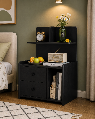 Picture of FurniQ Furniture Bedside Table, Bedside Cabinet, Nightstand, 2 Drawer Side Table, Bedroom Side Table, Open Shelf Storage Table, 2 Drawer Storage Cabinet, Melamine Board Furniture, 20 W × 12 D × 30 H Inches | FurniQ Furniture
