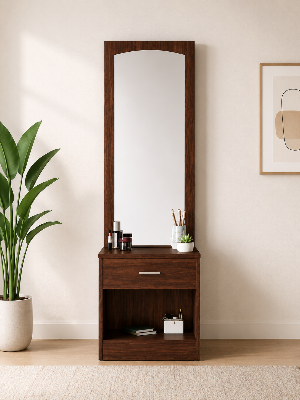 Picture of FurniQ Furniture Dressing Table, Dressing Table with Mirror, Vanity Table, Bedroom Dressing Table, 1 Drawer Dressing Table, Makeup Table with Open Shelf, Full Length Mirror Dressing Table, Melamine Board Furniture, 18 W × 14 D × 24 H Inches | FurniQ Furniture
