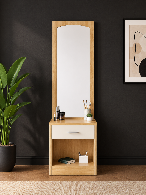Picture of FurniQ Furniture Dressing Table, Dressing Table with Mirror, Vanity Table, Bedroom Dressing Table, 1 Drawer Dressing Table, Makeup Table with Open Shelf, Full Length Mirror Dressing Table, Melamine Board Furniture, 18 W × 14 D × 24 H Inches | FurniQ Furniture
