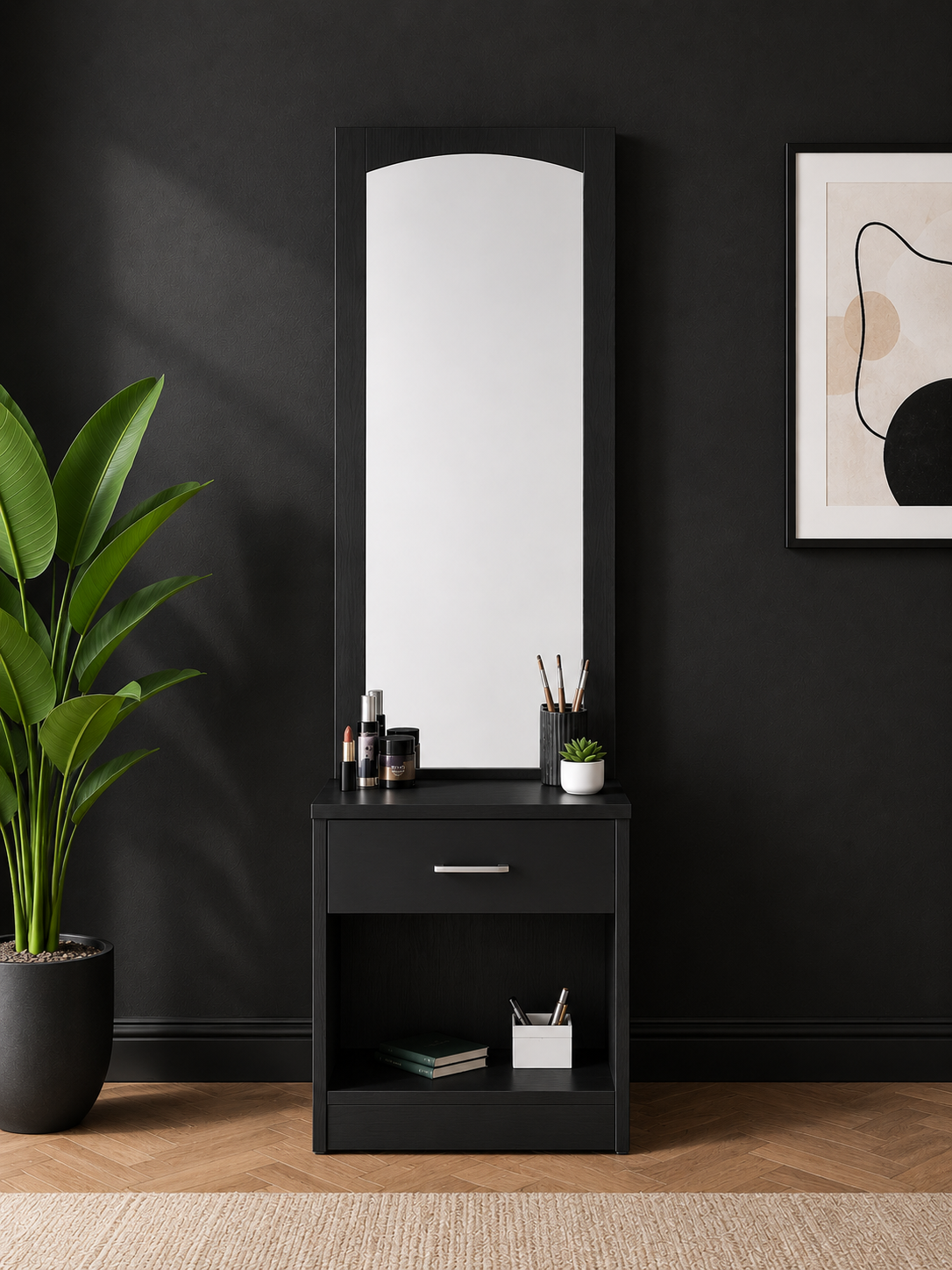 Picture of FurniQ Furniture Dressing Table, Dressing Table with Mirror, Vanity Table, Bedroom Dressing Table, 1 Drawer Dressing Table, Makeup Table with Open Shelf, Full Length Mirror Dressing Table, Melamine Board Furniture, 18 W × 14 D × 24 H Inches | FurniQ Furniture