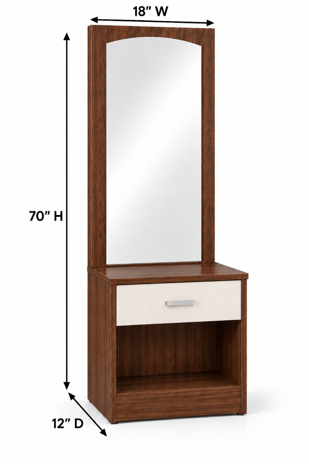 Picture of FurniQ Furniture Dressing Table, Dressing Table with Mirror, Vanity Table, Bedroom Dressing Table, 1 Drawer Dressing Table, Makeup Table with Open Shelf, Full Length Mirror Dressing Table, Melamine Board Furniture, 18 W × 14 D × 24 H Inches | FurniQ Furniture